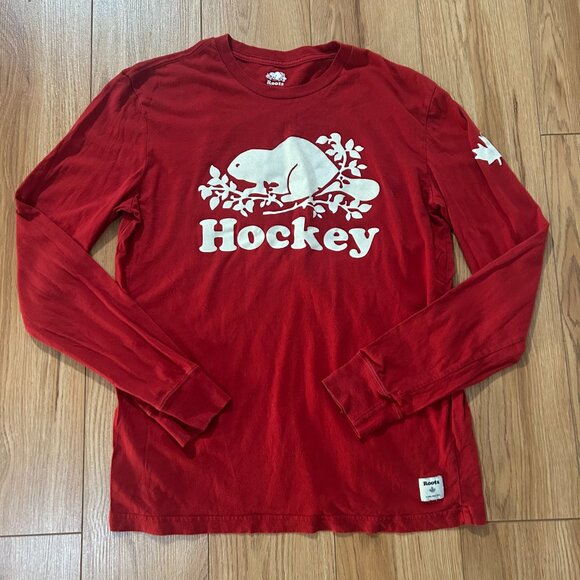 Roots Canada Mens S Hockey Long Sleeve Graphic Tee Red T-shirt Beaver - Picture 2 of 5